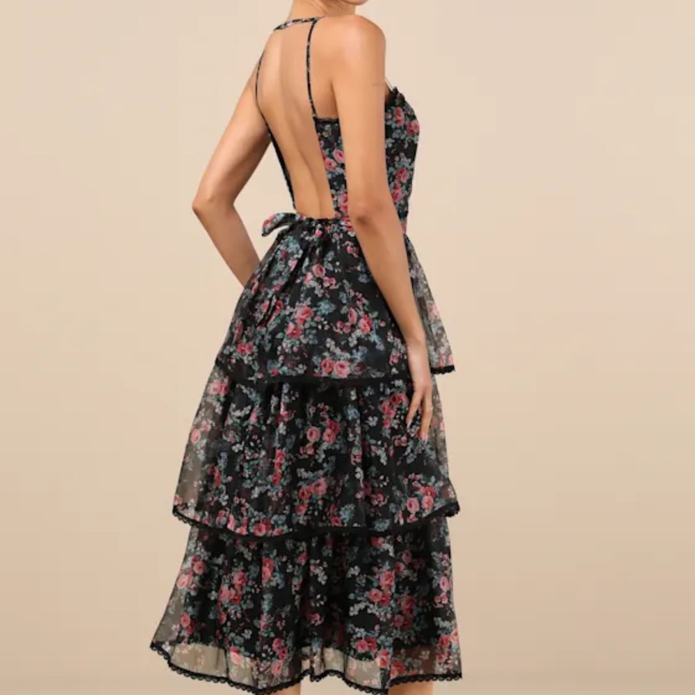 Lulu's Black and Pink Floral Backless Dress